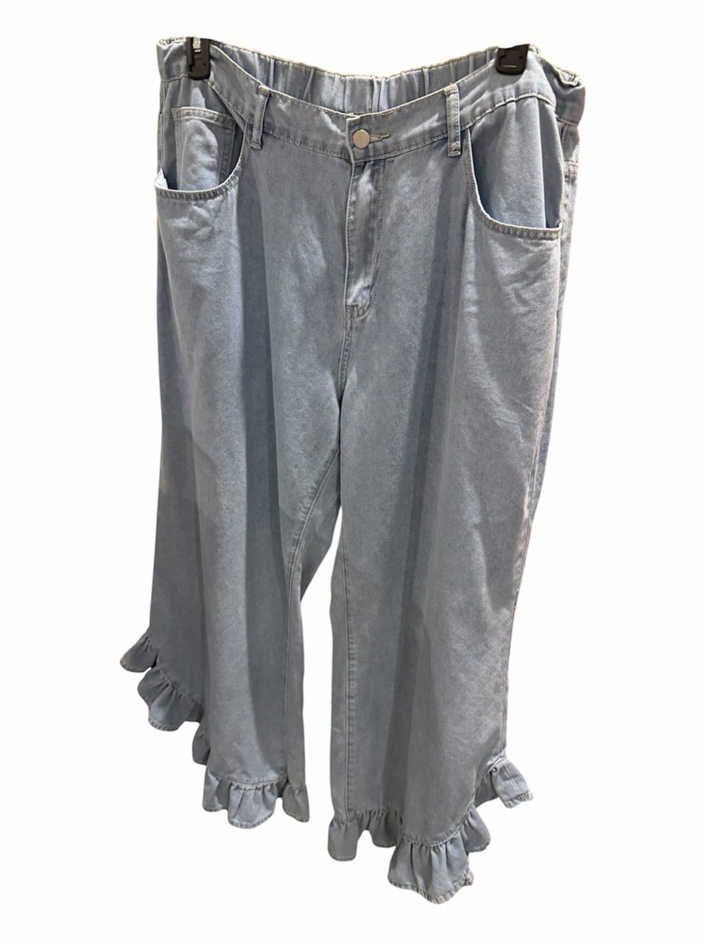 Light Blue Ruffle-Hem Wide Leg Jeans
